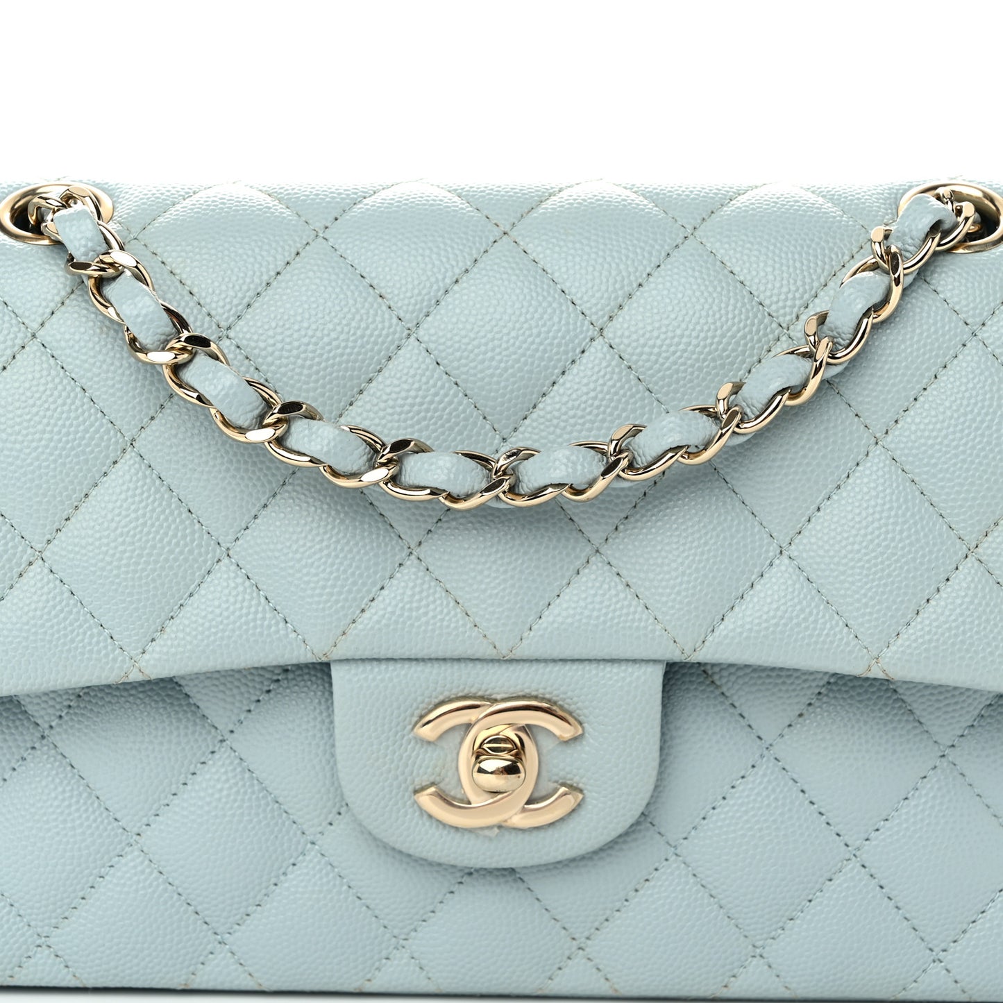 Caviar Quilted Small Double Flap Light Blue