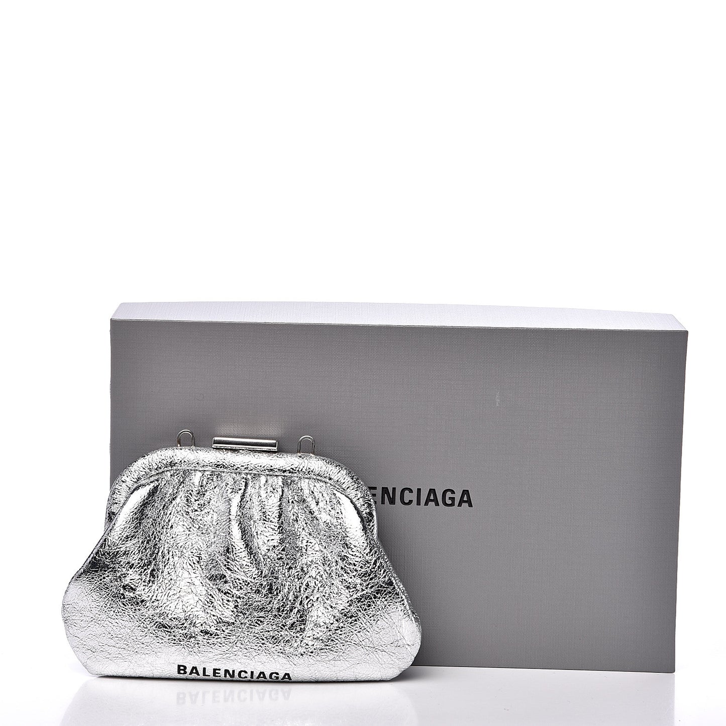Metallic Textured Calfskin Logo Cloud Coin Purse With Strap Silver