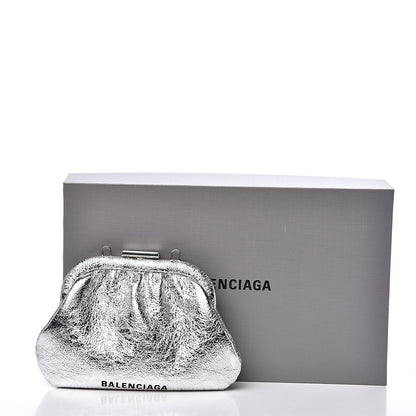 Balenciaga Metallic Textured Calfskin Logo Cloud Coin Purse With Strap Silver 9 of 9