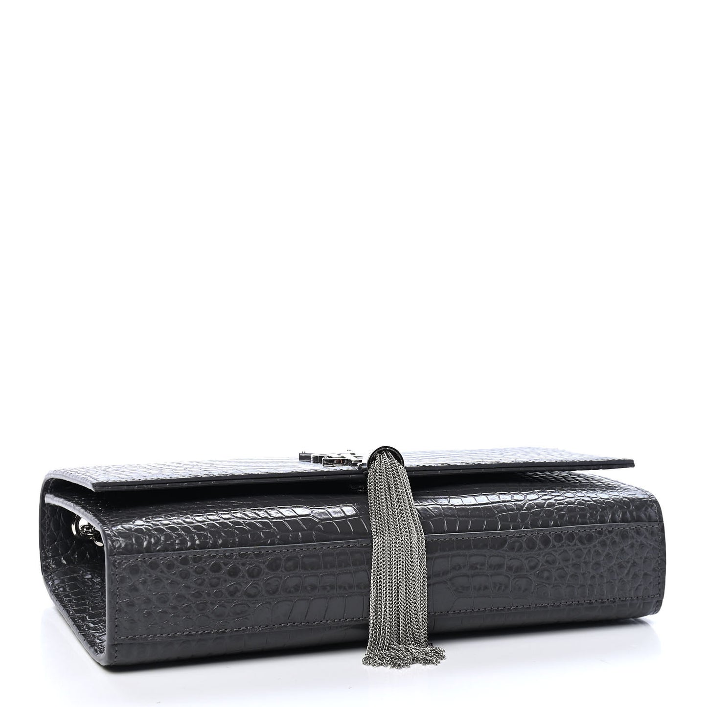 Calfskin Crocodile Embossed Medium Classic Monogram Kate Tassel Satchel Storm