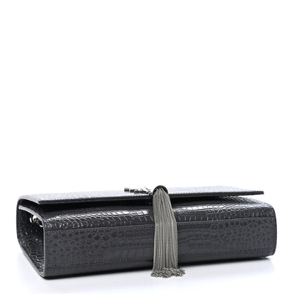 Saint Laurent Calfskin Crocodile Embossed Medium Classic Monogram Kate Tassel Satchel Storm 4 of 9