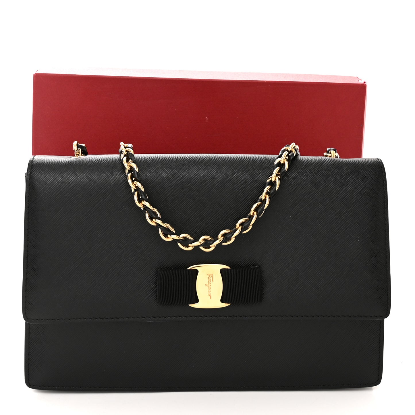Printed Calfskin Vara Bow Chain Flap Crossbody Black