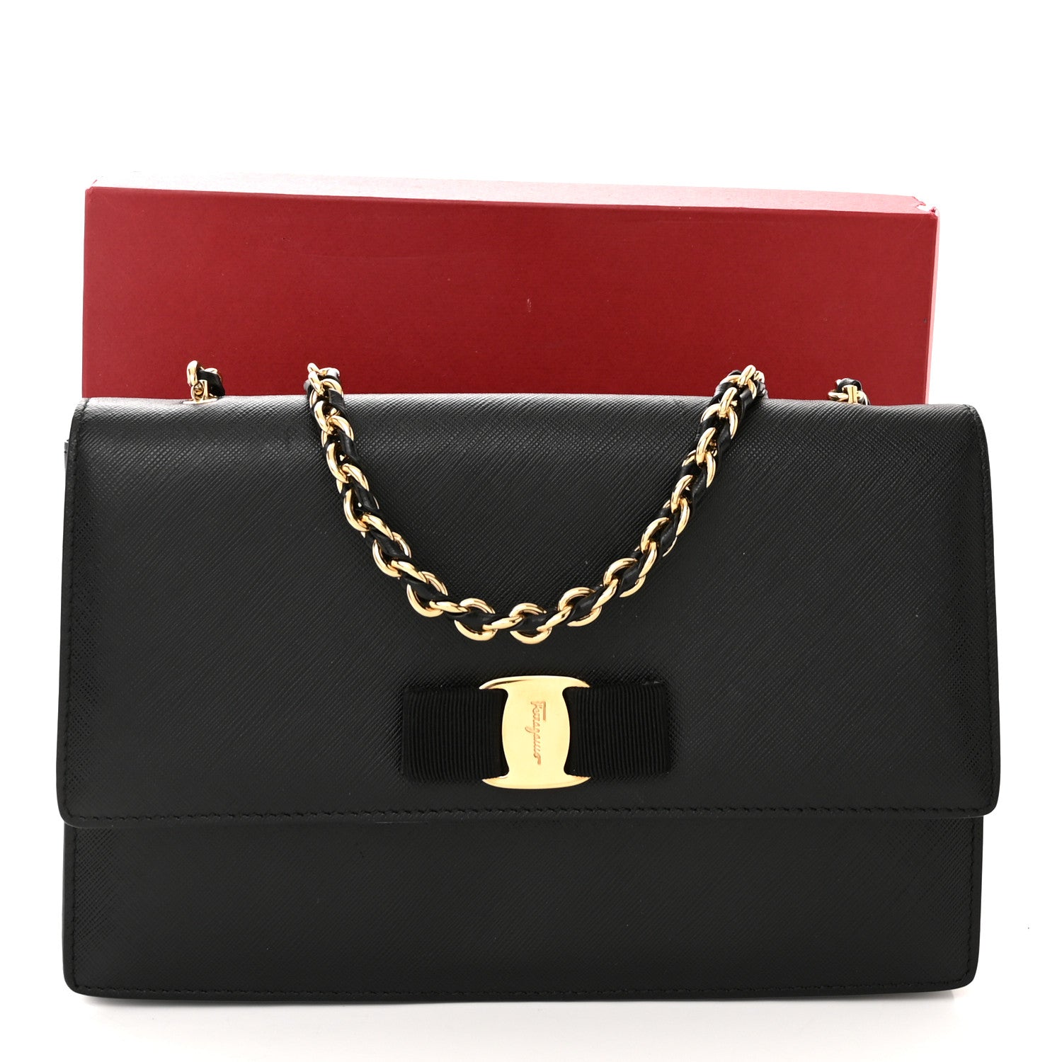 Salvatore Ferragamo Printed Calfskin Vara Bow Chain Flap Crossbody Black 14 of 14