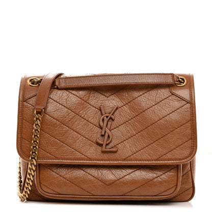 Saint Laurent Crinkled Calfskin Matelasse Monogram Medium Niki Chain Satchel Caramel 1 of 10