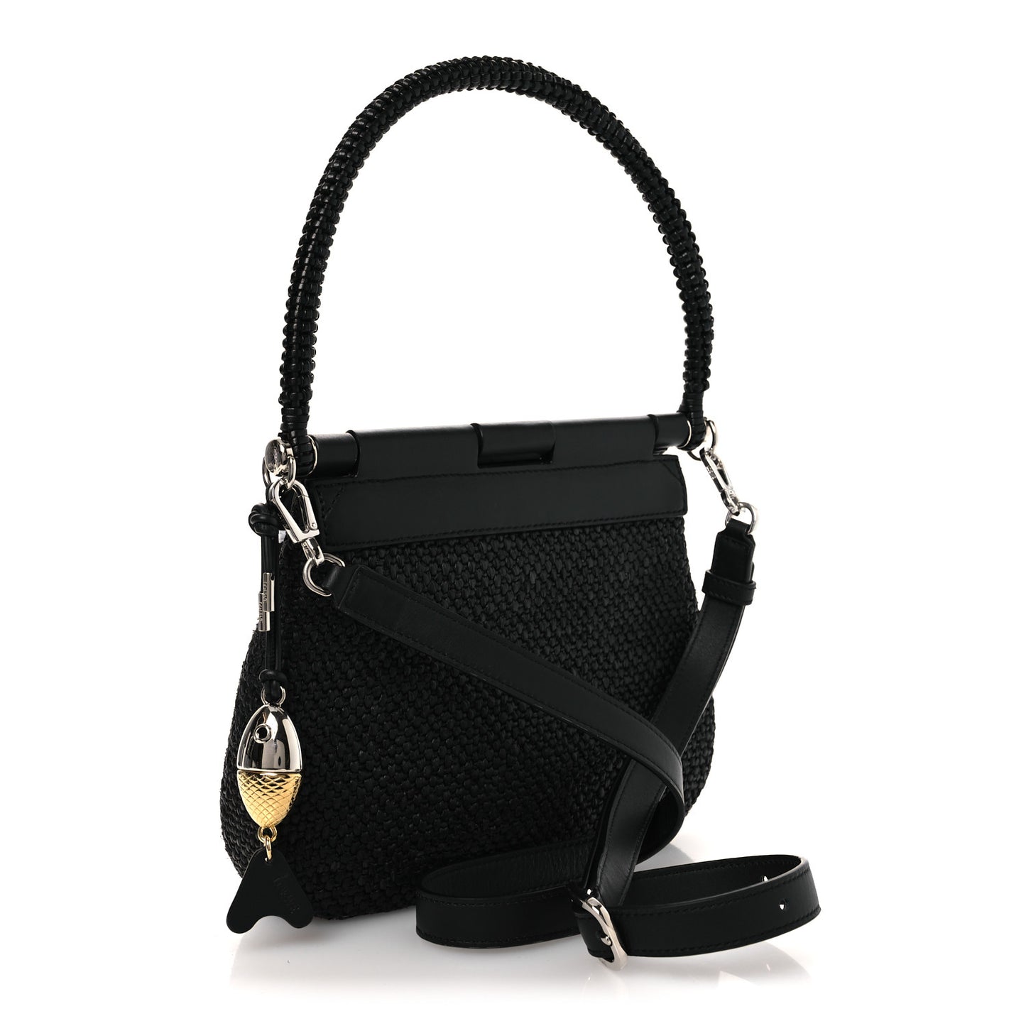 Raffia Calfskin Medium Pescador Bag Black