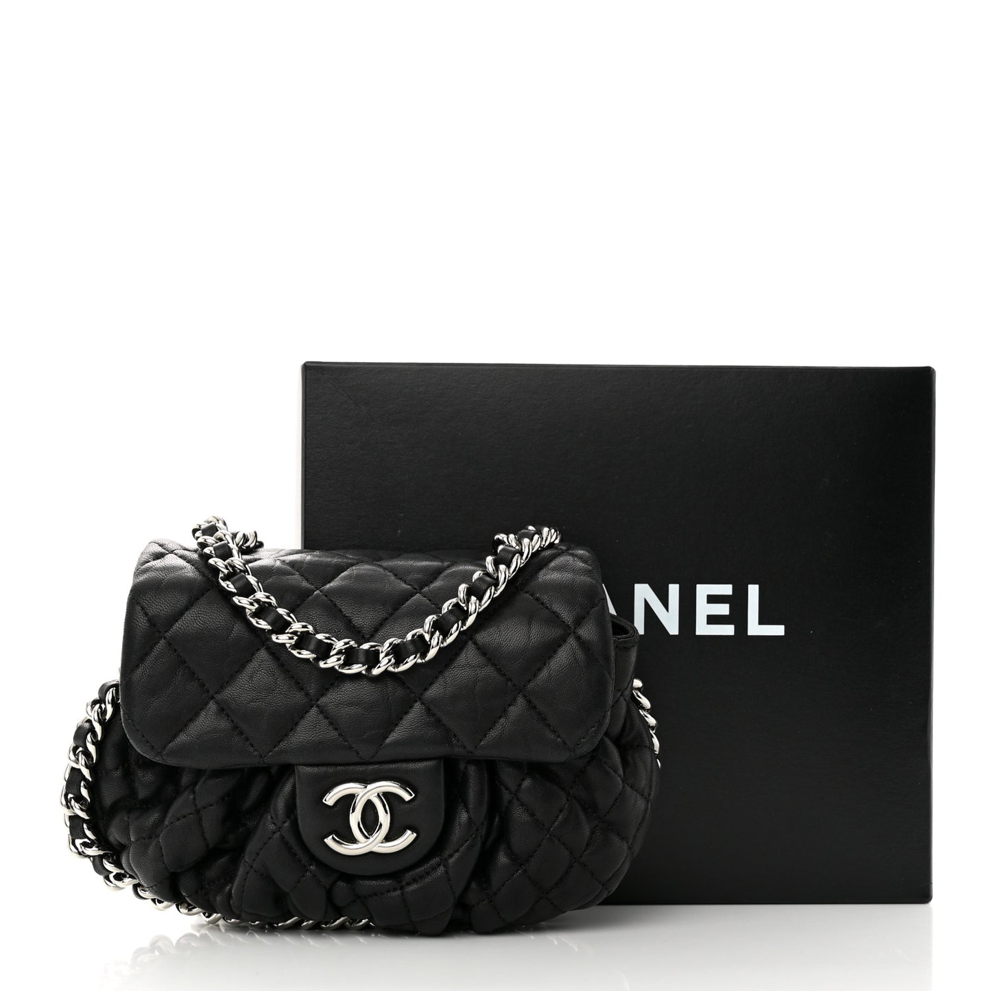 Washed Lambskin Quilted Mini Chain Around Flap Black
