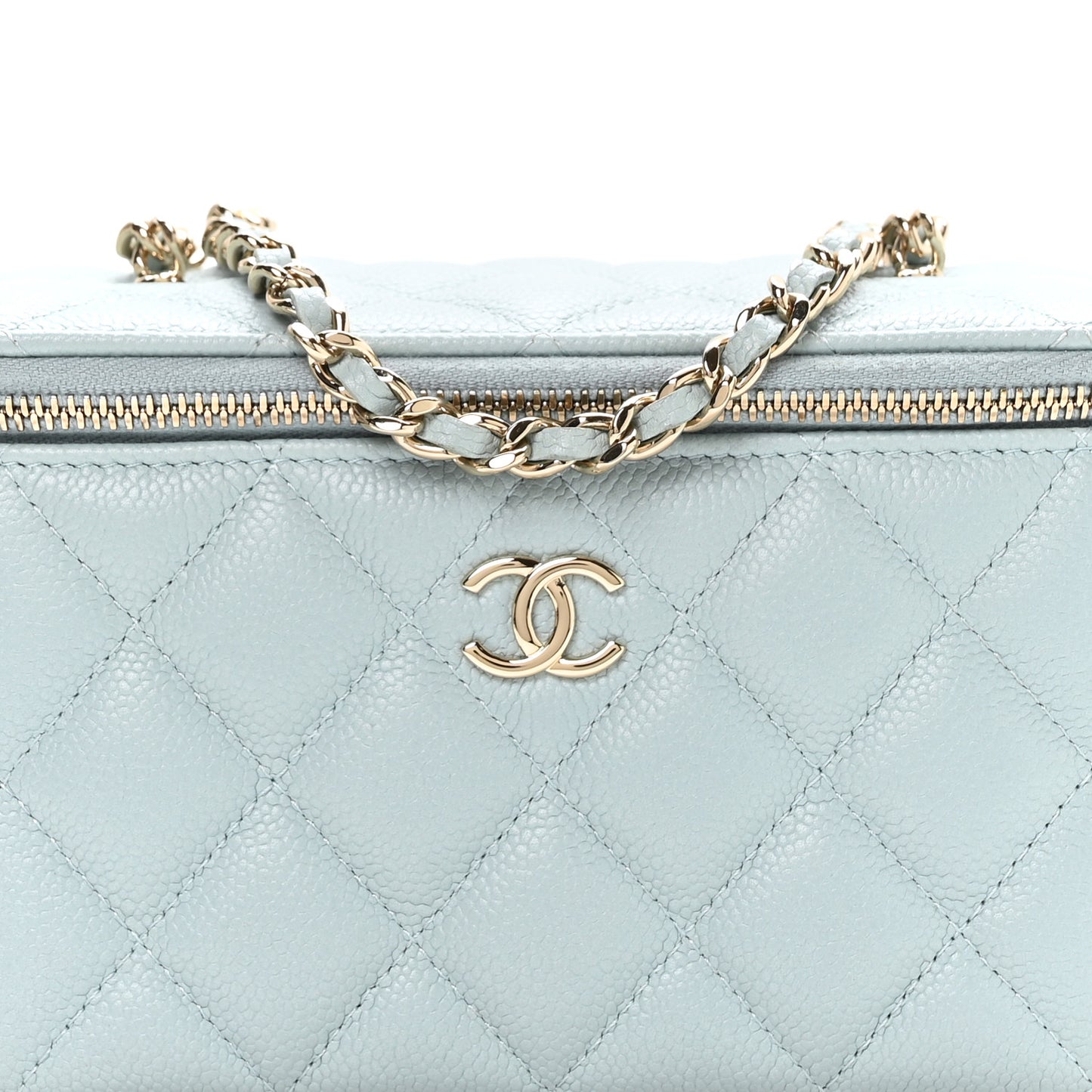 Caviar Quilted Small Tiny CC Vanity Case With Chain Light Blue Light Blue