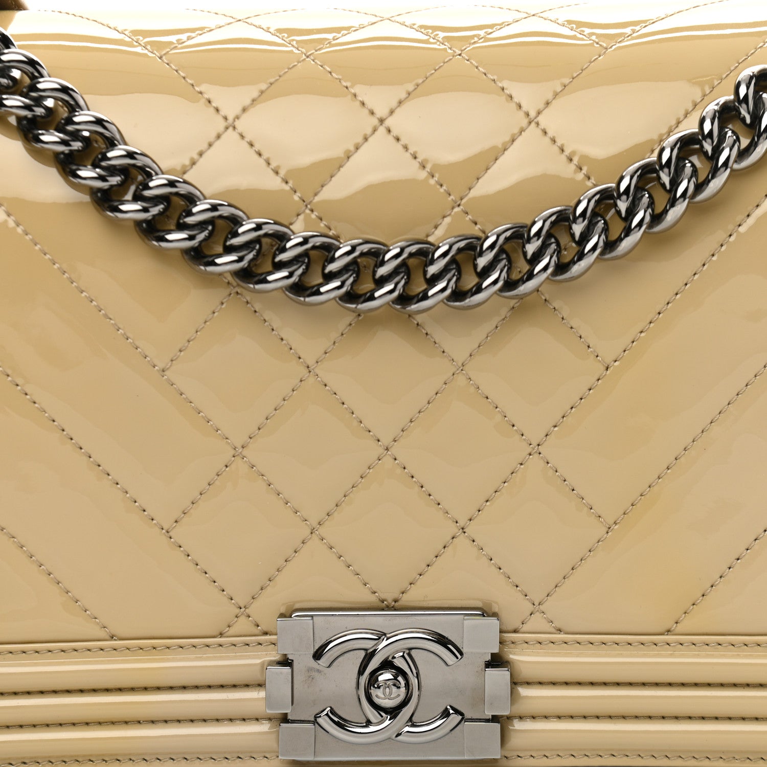 Chanel Patent Chevron Quilted New Medium Boy Flap Light Beige 8 of 10