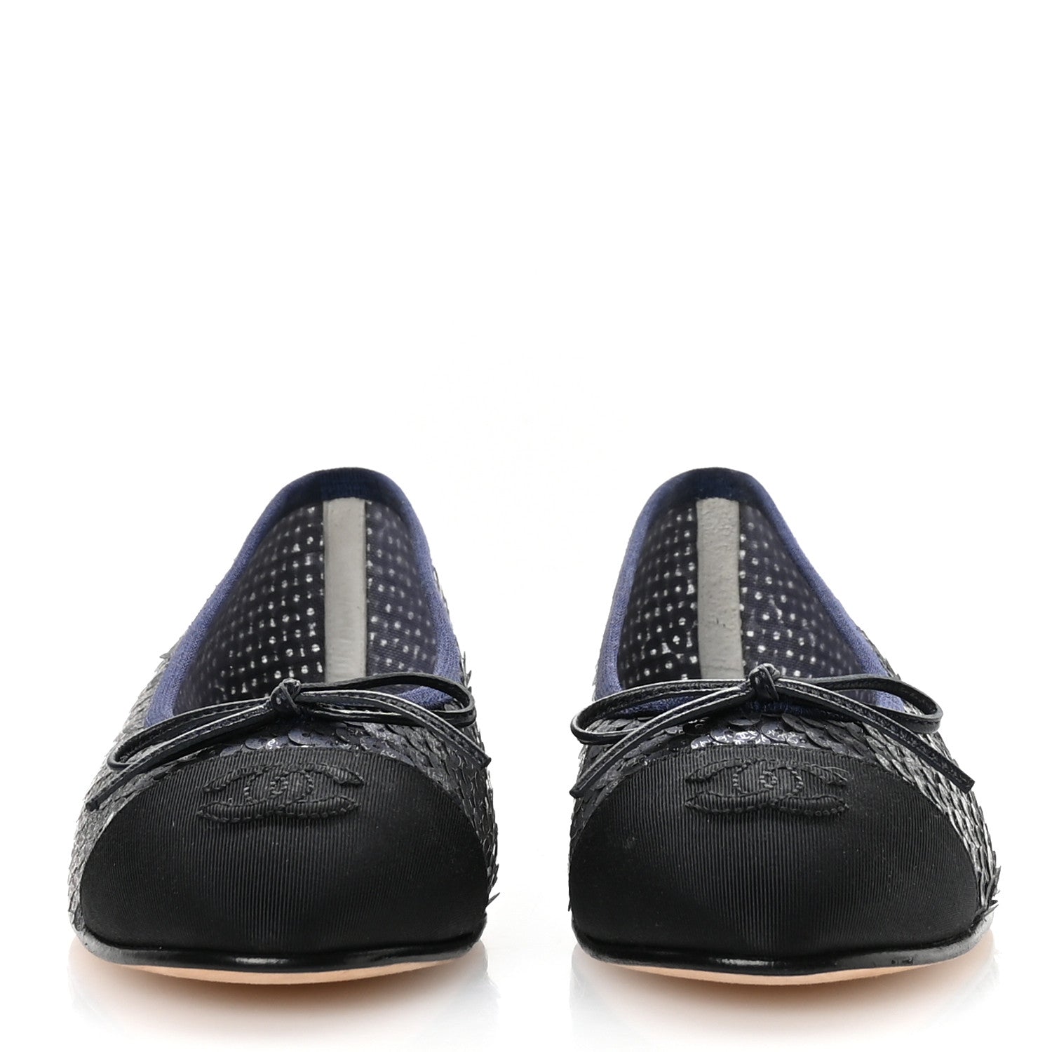 Chanel Glittered Muslin Grosgrain Cap Toe Ballerina Flats 37 Navy Blue Black 3 of 8