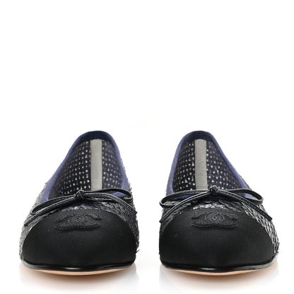 Chanel Glittered Muslin Grosgrain Cap Toe Ballerina Flats 37 Navy Blue Black 3 of 8