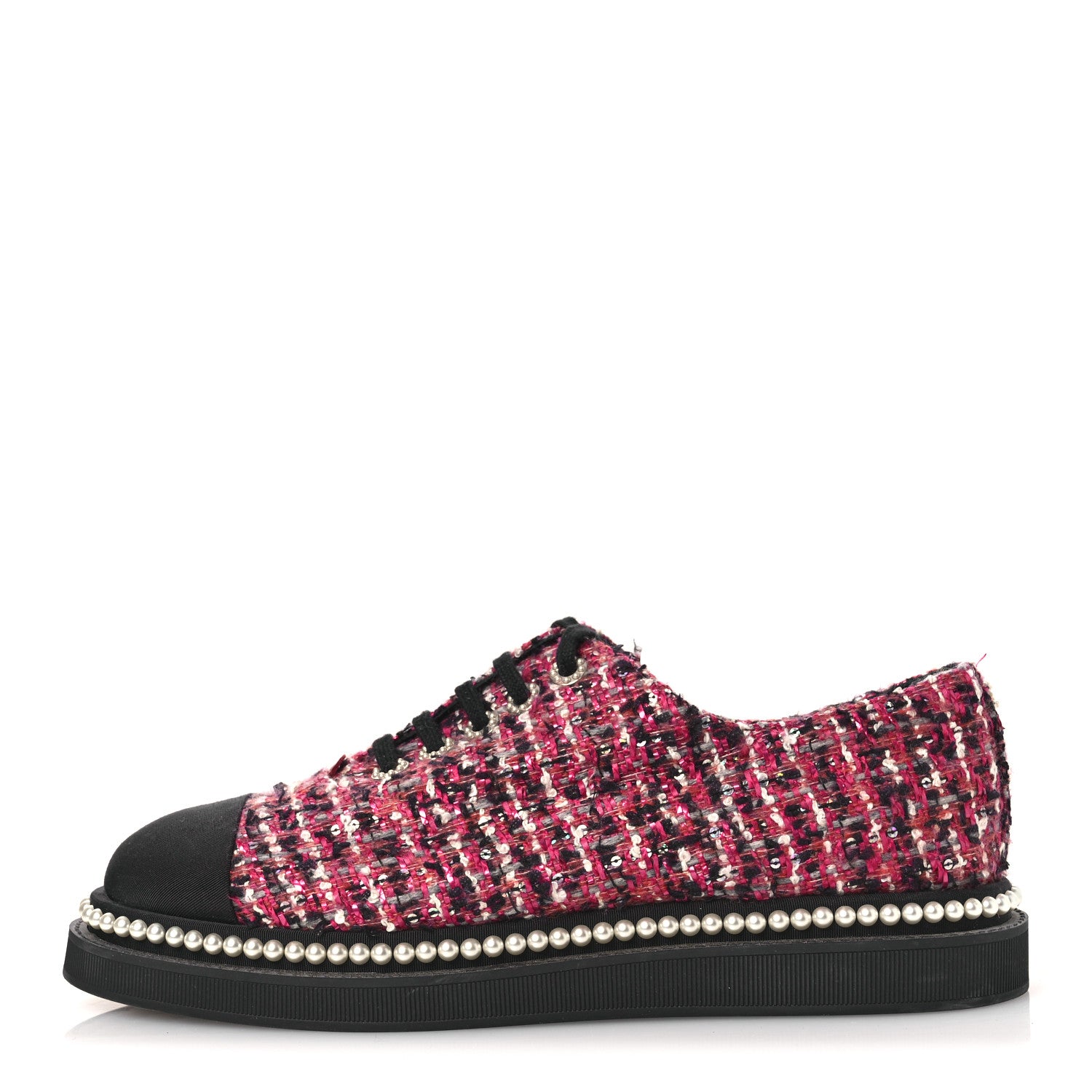 Chanel Tweed Grosgrain Sequin Pearl Lace Up Sneakers 40 Black Pink 1 of 11