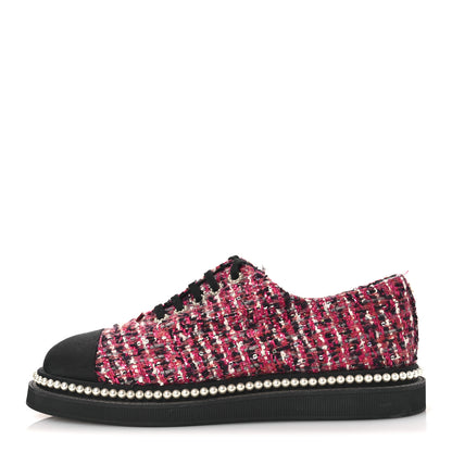 Chanel Tweed Grosgrain Sequin Pearl Lace Up Sneakers 40 Black Pink 1 of 11
