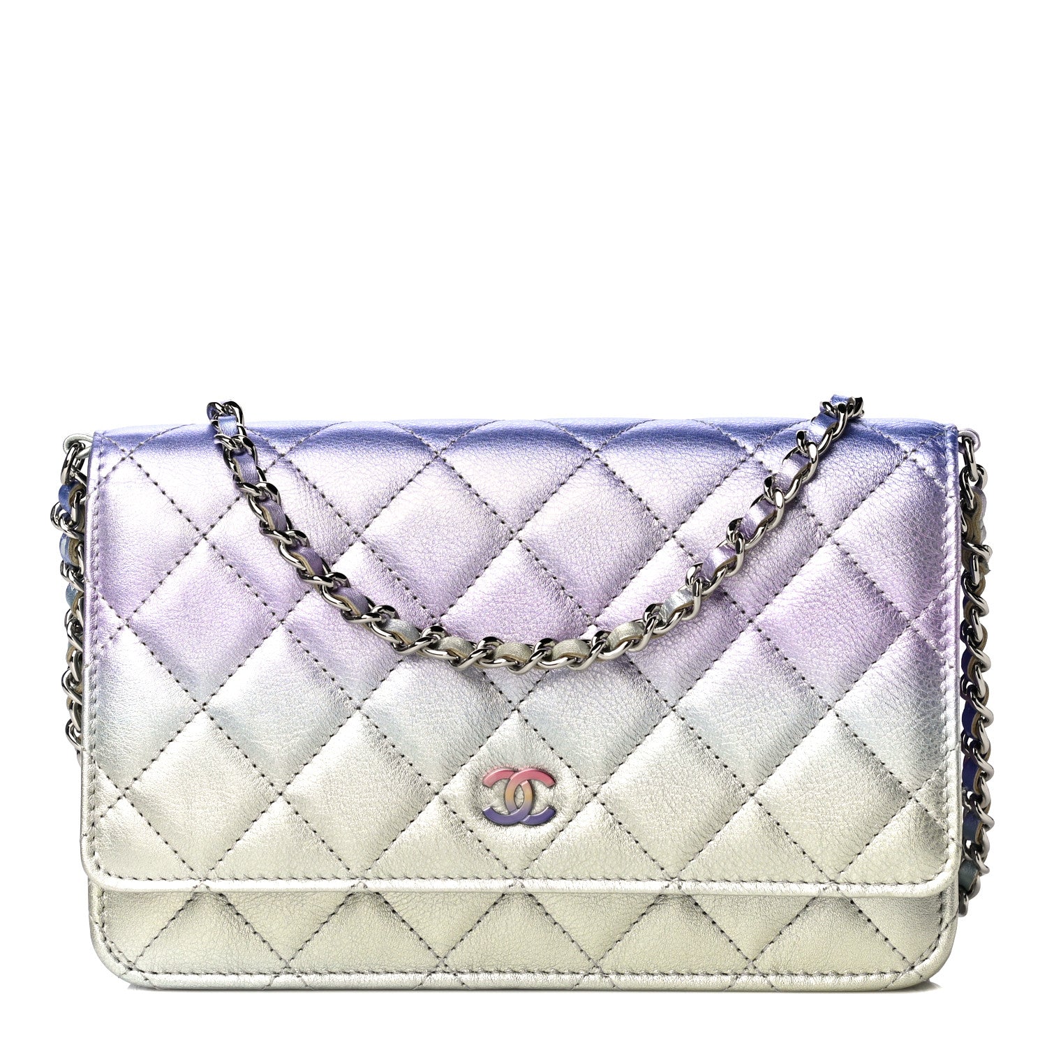 Chanel Gradient Metallic Calfskin Quilted Wallet On Chain WOC Silver Blue Yellow Purple 1 of 19