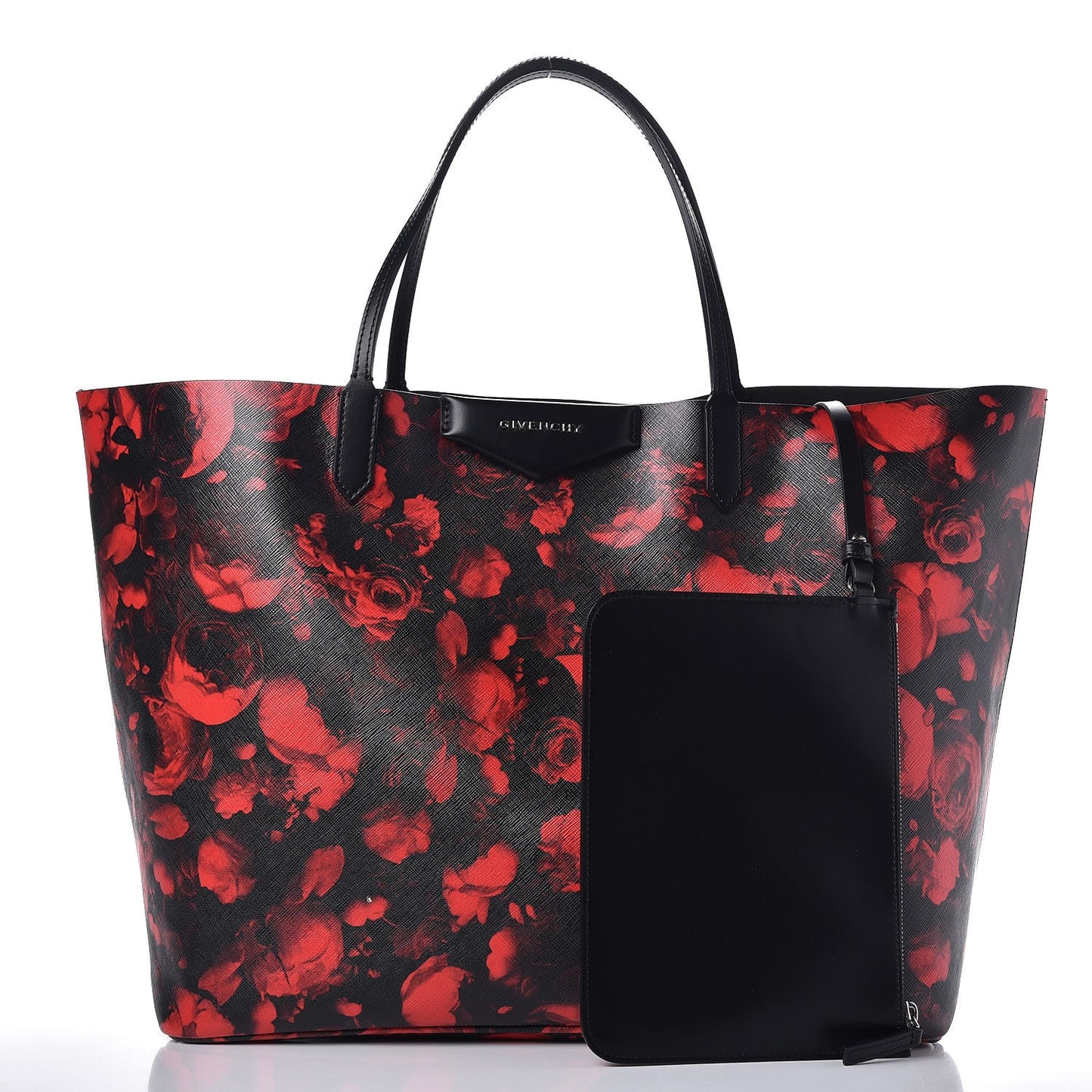Textured Coated Canvas Floral Print Large Antigona Tote Black Red