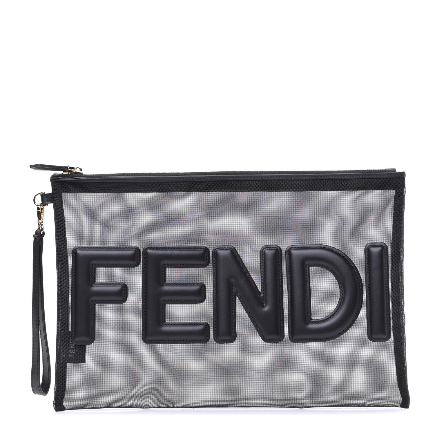 Fendi Mesh Vitello King Logo Embroidered Large Flat Pouch Black 1 of 5