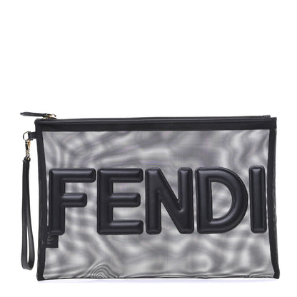 Fendi Mesh Vitello King Logo Embroidered Large Flat Pouch Black 1 of 5