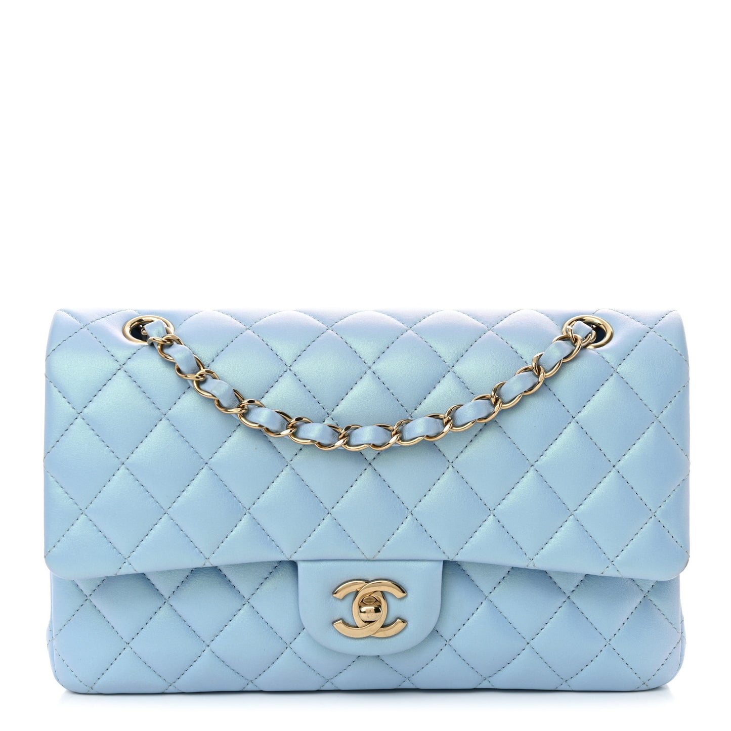 Iridescent Lambskin Quilted Medium Double Flap Light Blue