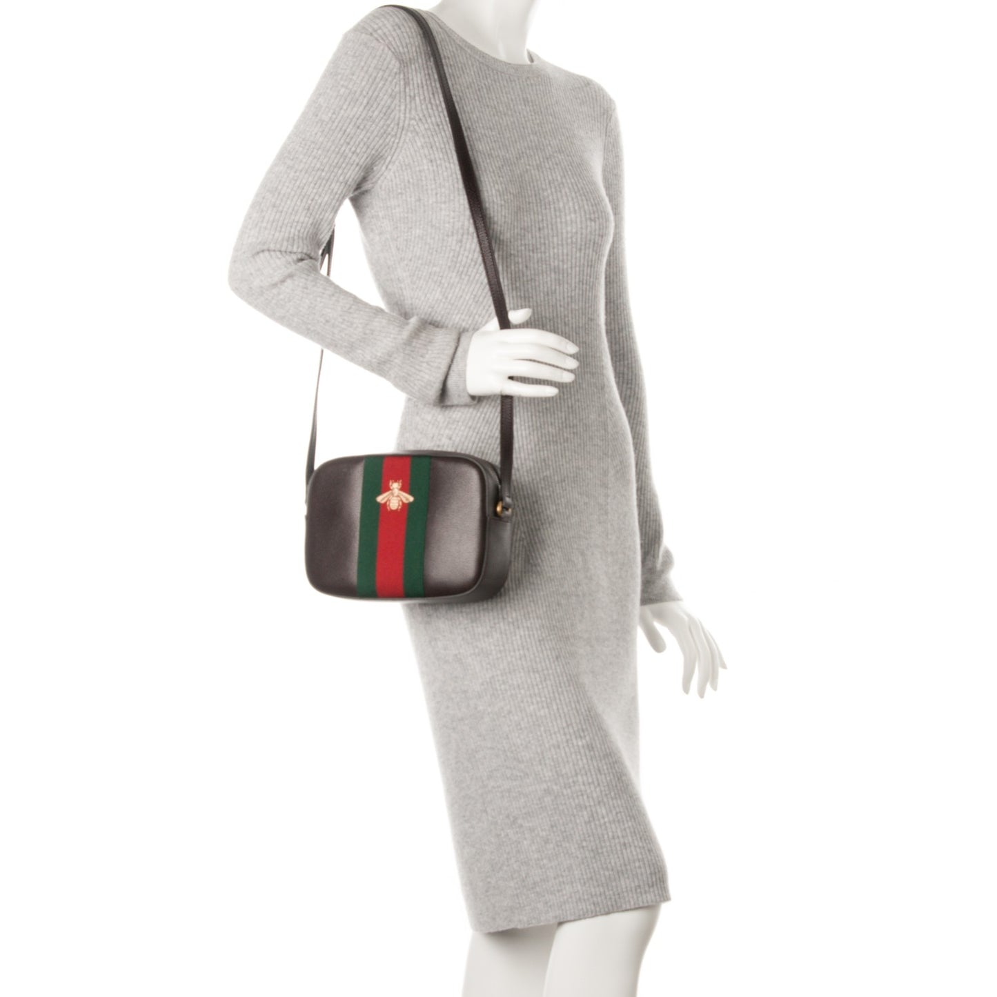 Textured Calfskin Web Small Webby Bee Shoulder Bag Brown Coffee