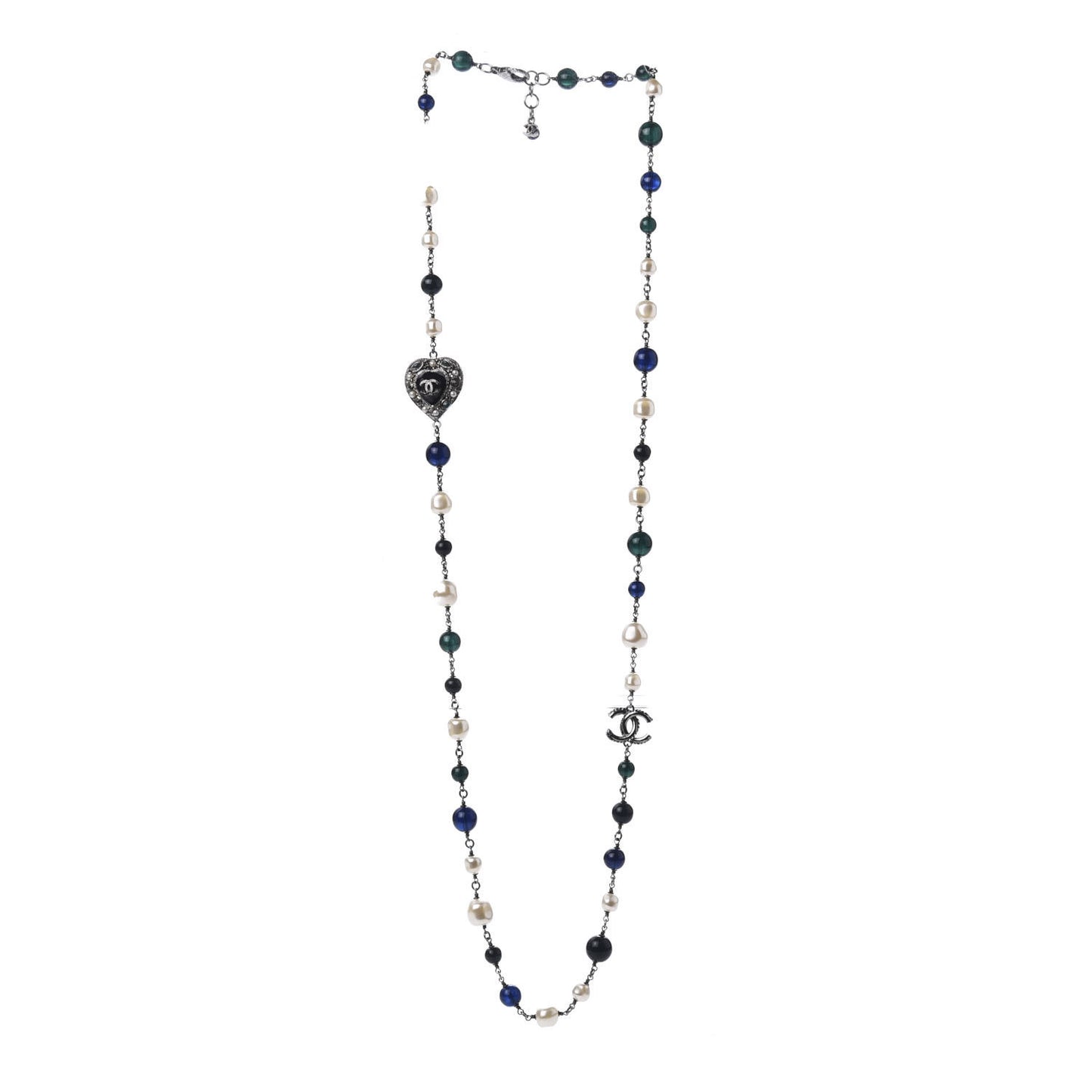 Pearl Resin Beaded CC Heart Long Necklace Ruthenium Multicolor