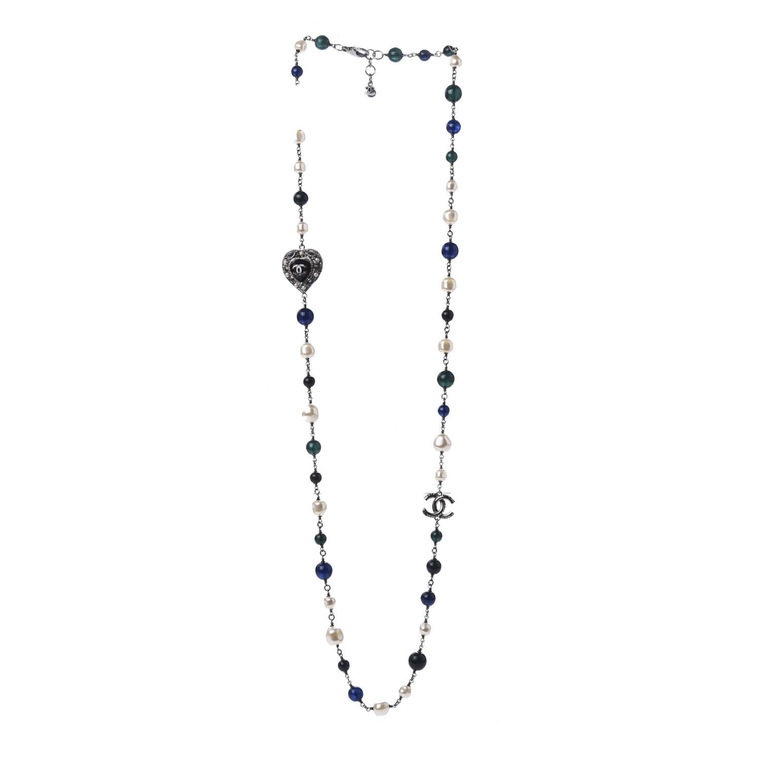 Chanel Pearl Resin Beaded CC Heart Long Necklace Ruthenium Multicolor 3 of 8