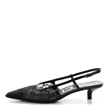Gucci Suede Mesh Crystal GG Monogram Slingback Pumps 38 Black 1 of 8