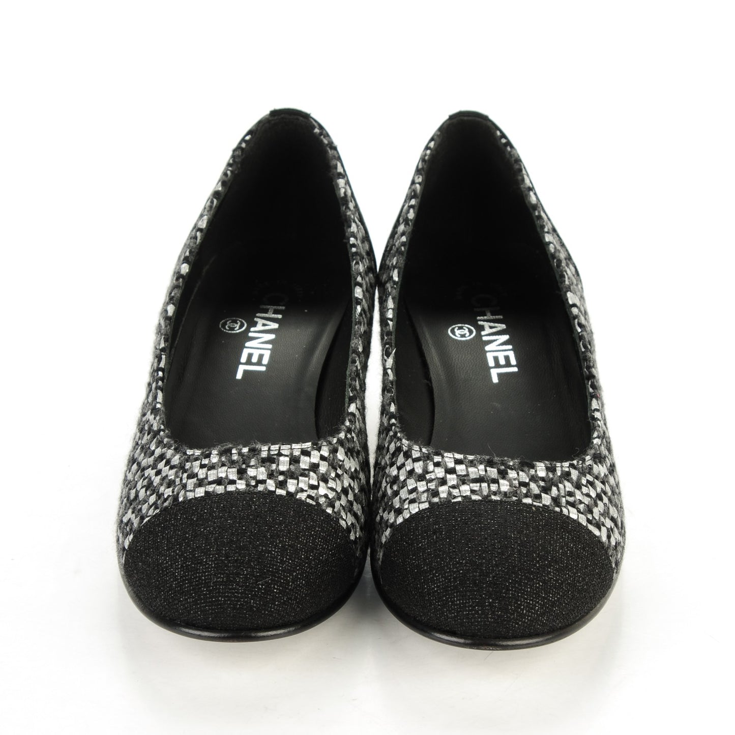 Tweed Grosgrain Chain Cap Toe Low Heel Pumps 38.5 Silver Black