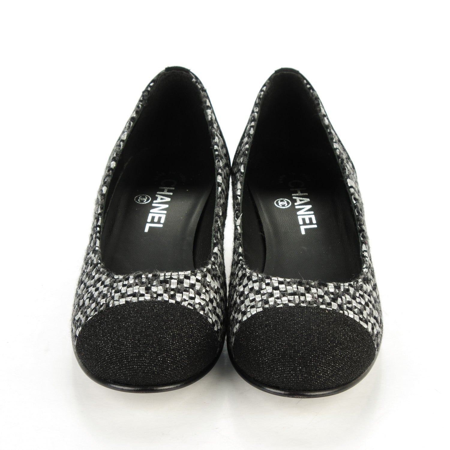 Chanel Tweed Grosgrain Chain Cap Toe Low Heel Pumps 38.5 Silver Black 2 of 7