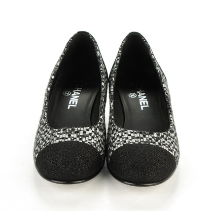 Chanel Tweed Grosgrain Chain Cap Toe Low Heel Pumps 38.5 Silver Black 2 of 7