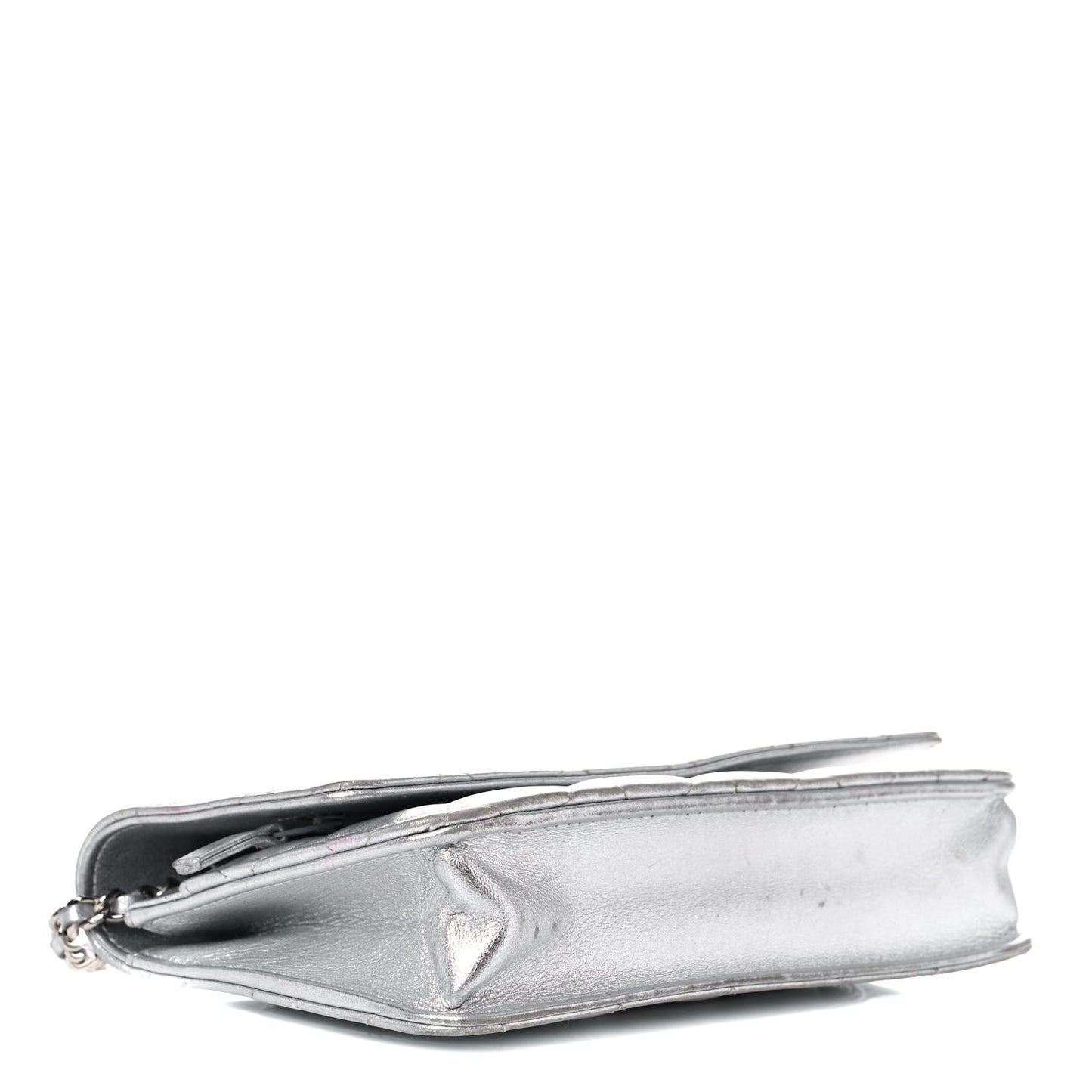 Metallic Lambskin Quilted Wallet On Chain WOC Silver