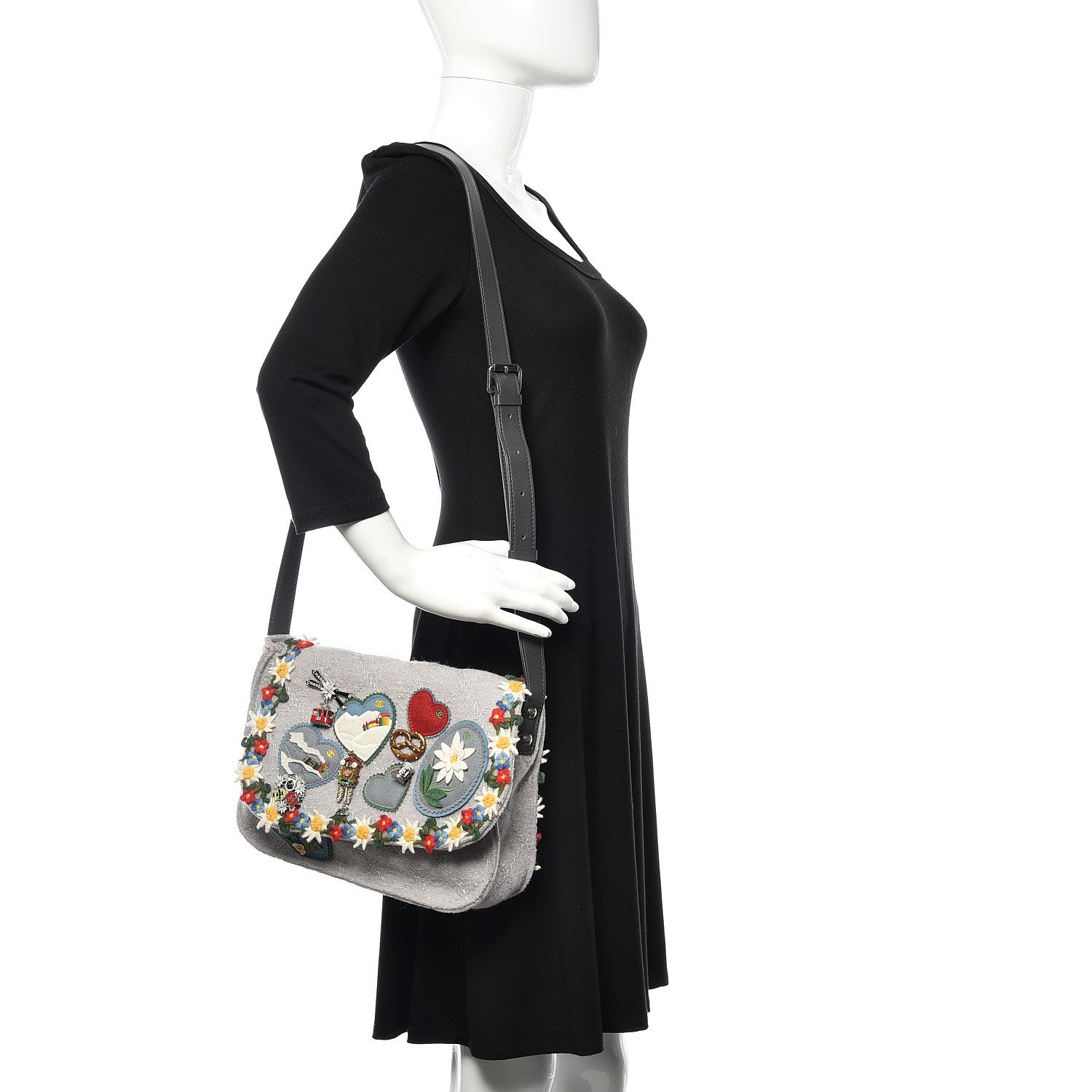Chanel Felt Embroidered Small Crest Austrian Satchel Light Grey 2 of 10