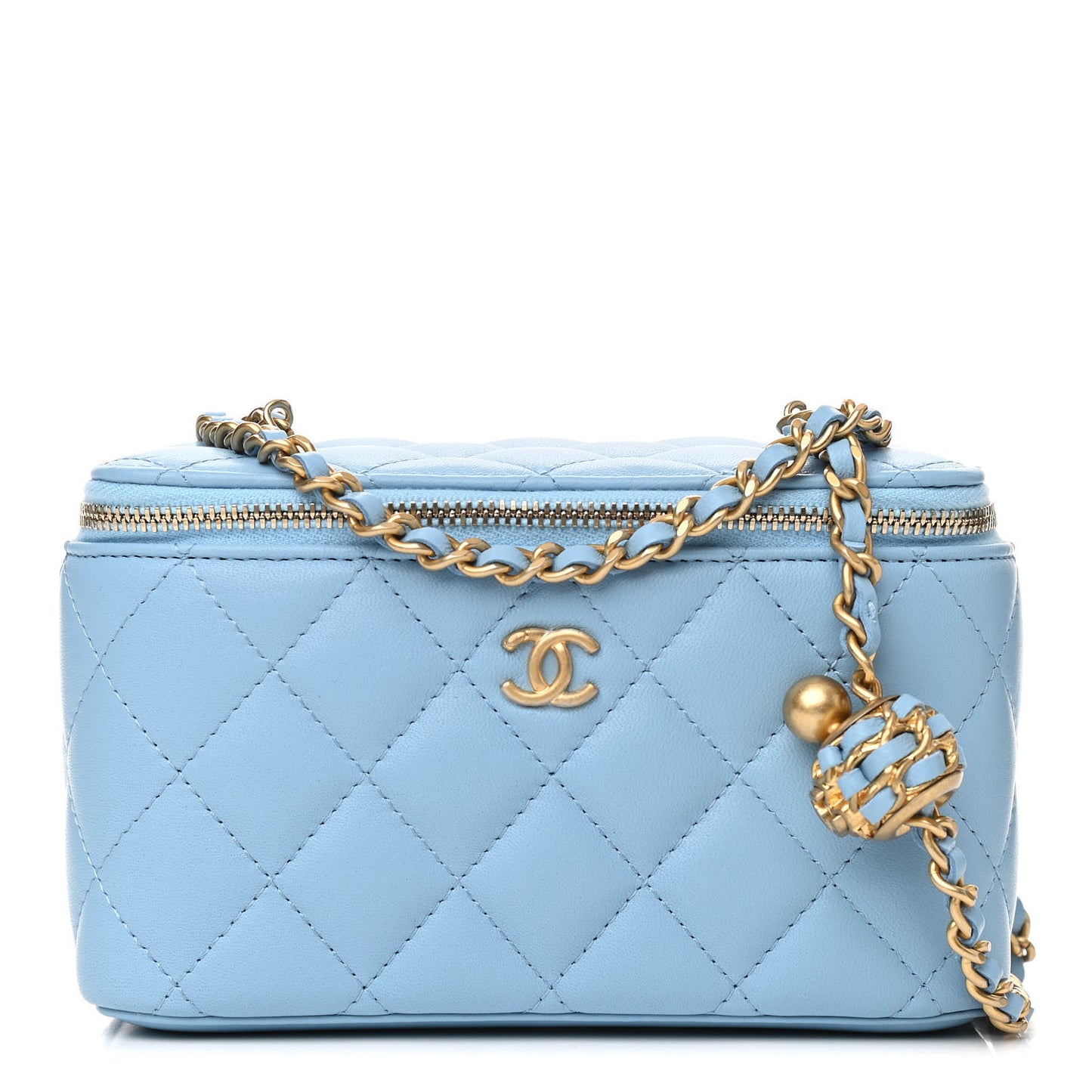 Lambskin Quilted Pearl Crush Small Vanity Case With Chain Light Blue