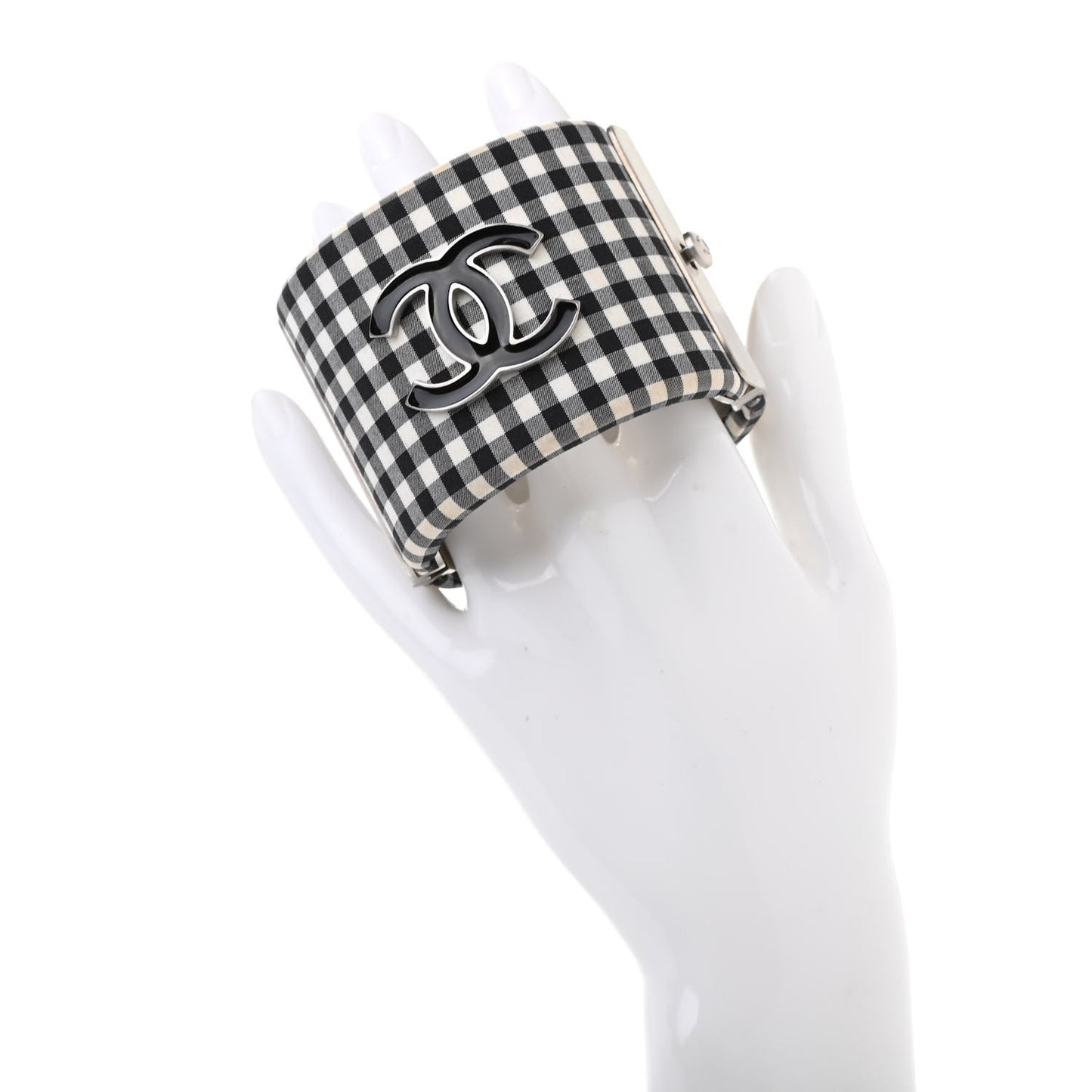 Fabric Metal Enamel Gingham CC Cuff Black White