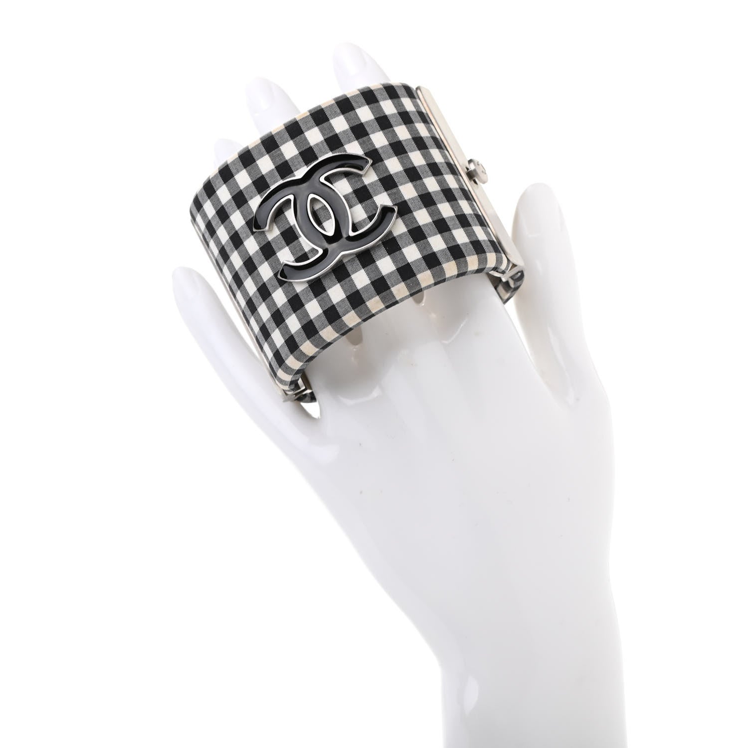 Chanel Fabric Metal Enamel Gingham CC Cuff Black White 2 of 9
