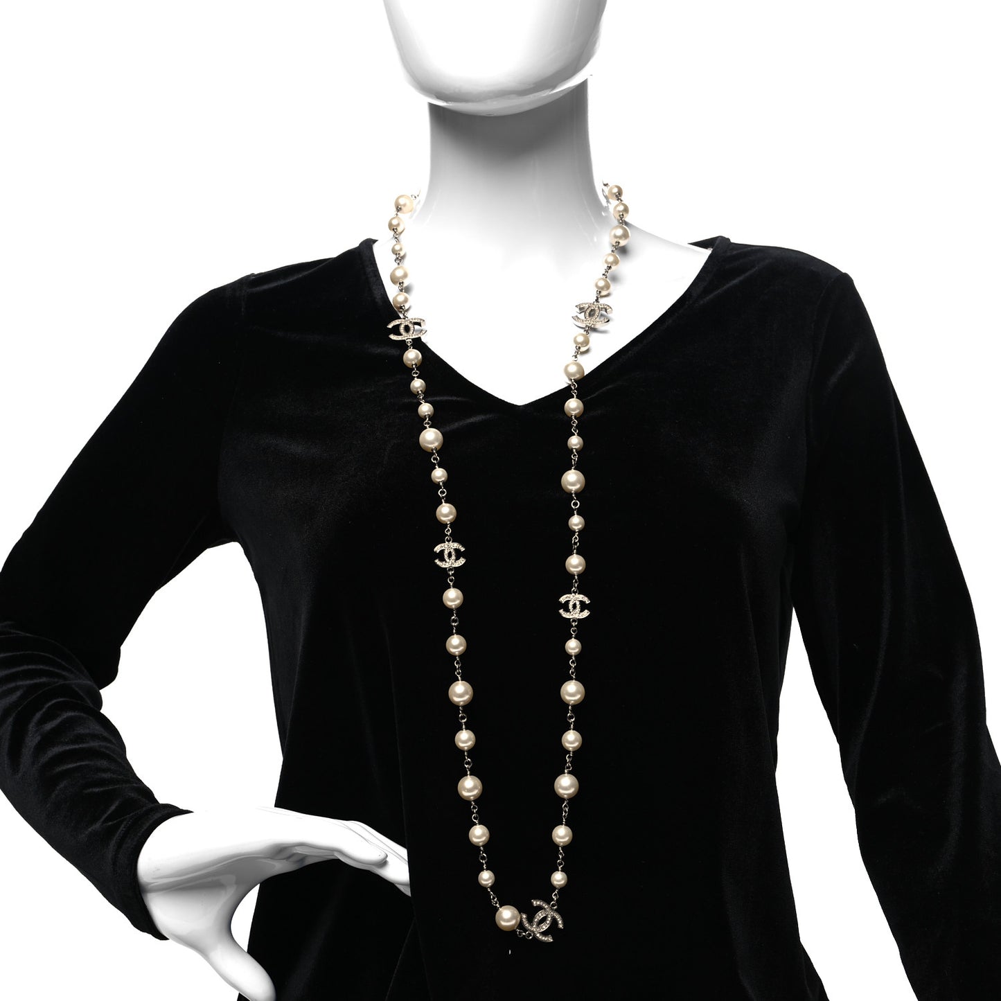 Graduated Pearl Crystal CC Long Necklace Silver