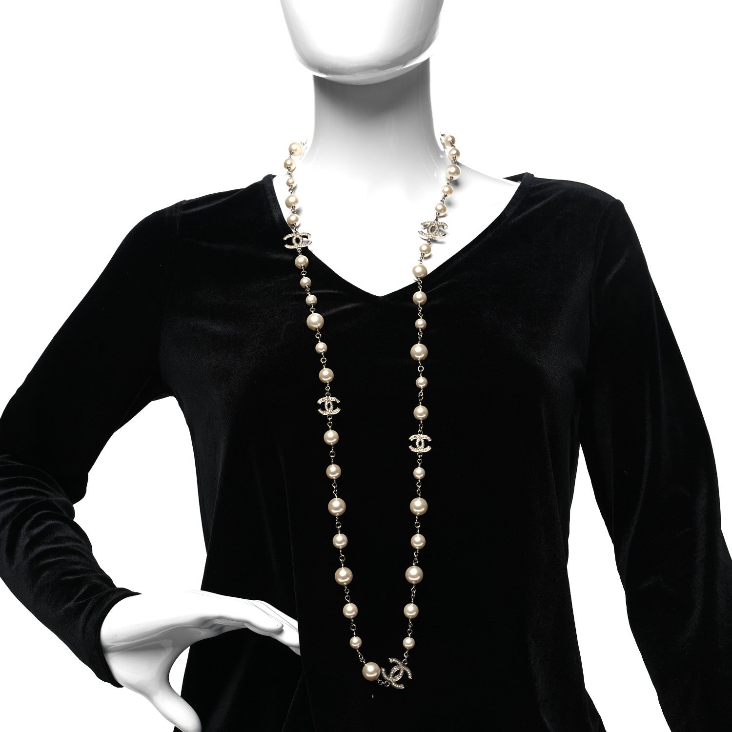 Chanel Graduated Pearl Crystal CC Long Necklace Silver 2 of 5