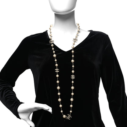 Chanel Graduated Pearl Crystal CC Long Necklace Silver 2 of 5