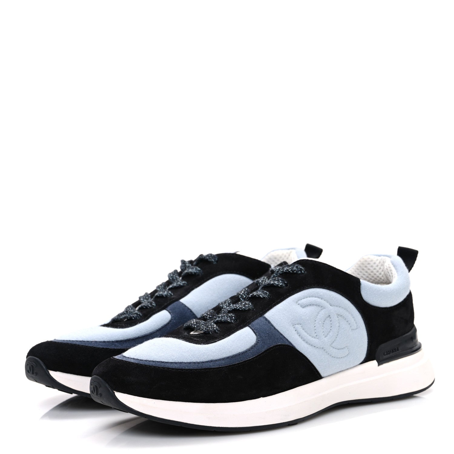 Chanel Suede Calfskin Fabric CC Sneakers 39 Light Blue Black 4 of 10