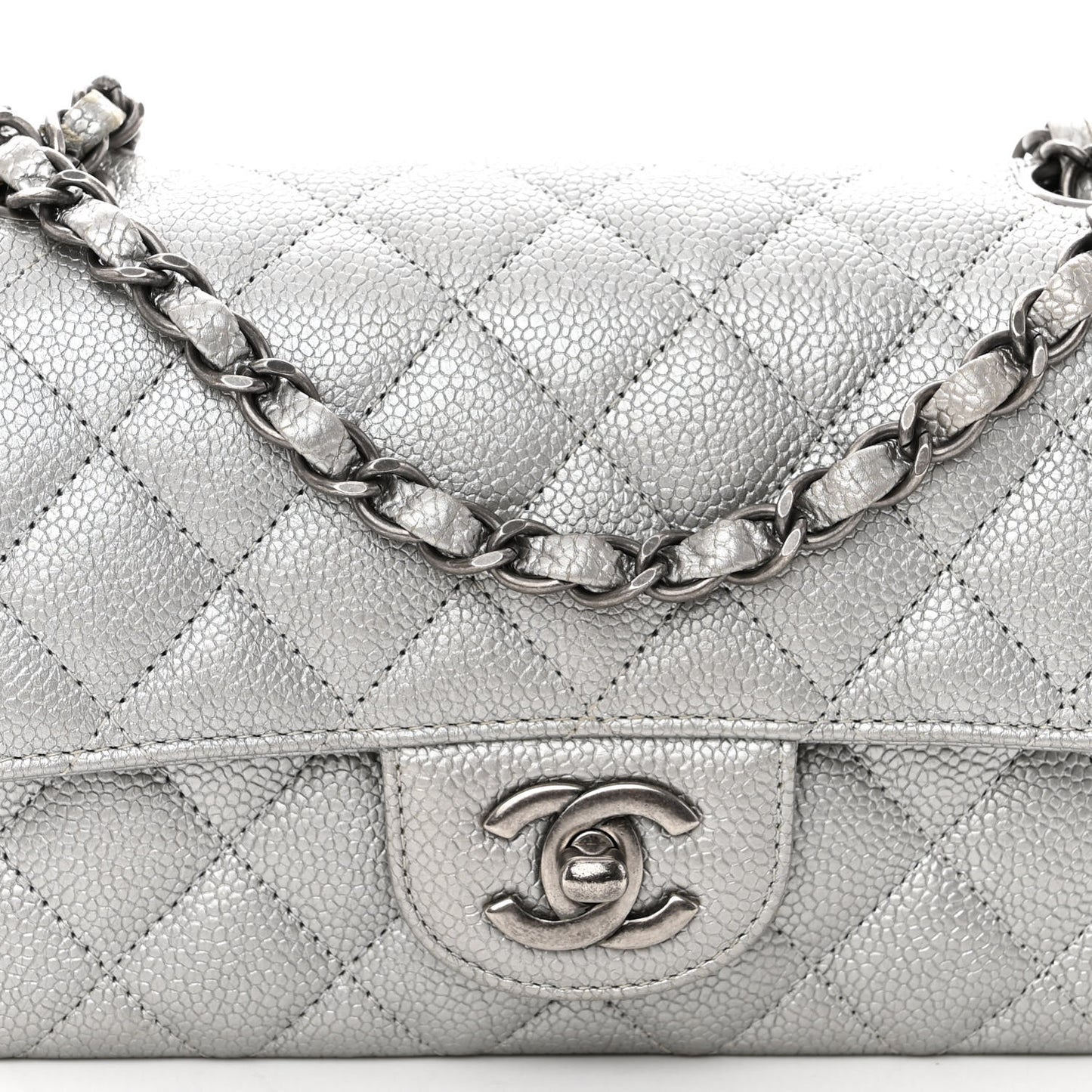 Metallic Caviar Quilted Mini Rectangular Flap Silver