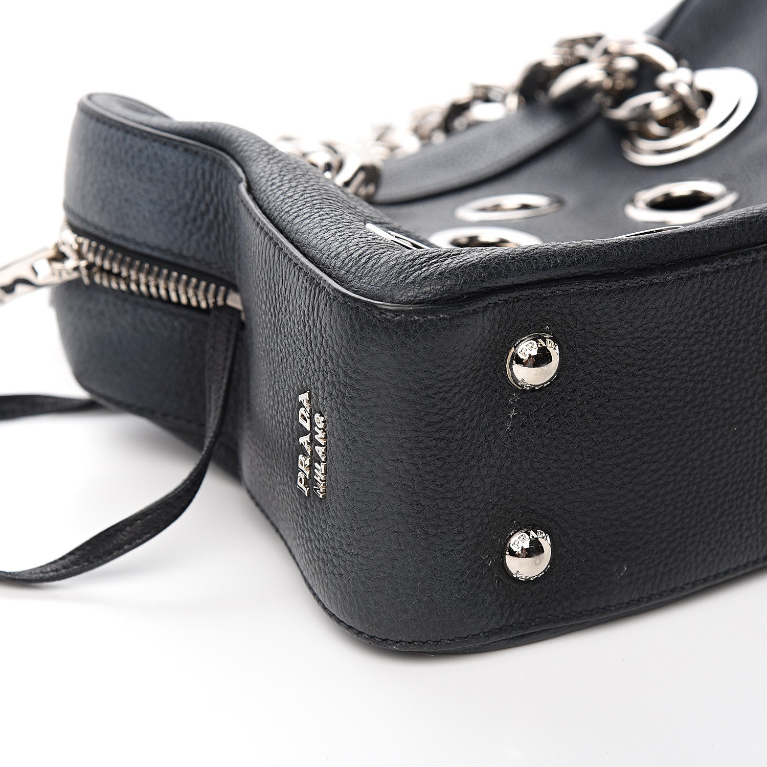 Prada Vitello Daino Grommet Chain Satchel Bag Black 7 of 9