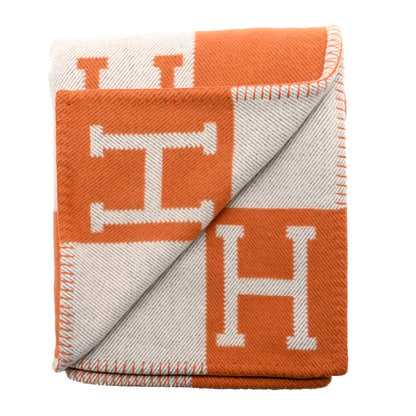 Hermes Wool Cashmere Signature Classic Avalon Blanket Ecru Potiron 2 of 3
