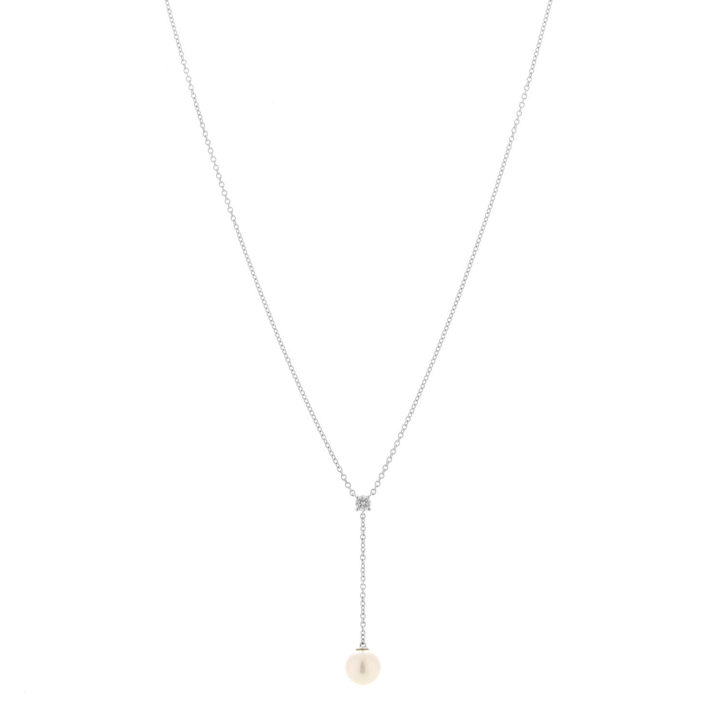 18K White Gold Diamond Akoya Pearl 6.5-7mm Lariat Pendant Necklace