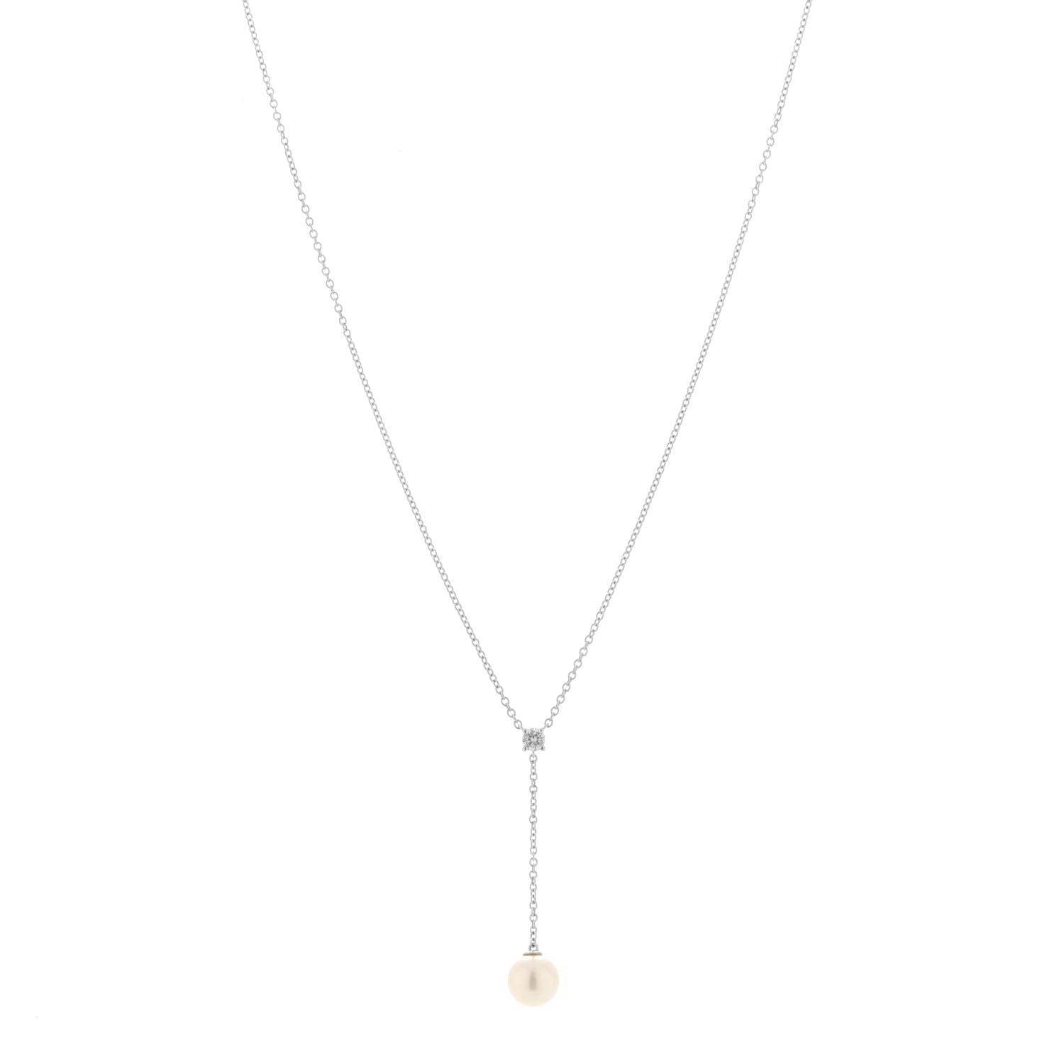 Tiffany 18K White Gold Diamond Akoya Pearl 6.5-7mm Lariat Pendant Necklace 1 of 6