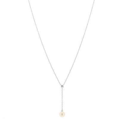 Tiffany 18K White Gold Diamond Akoya Pearl 6.5-7mm Lariat Pendant Necklace 1 of 6