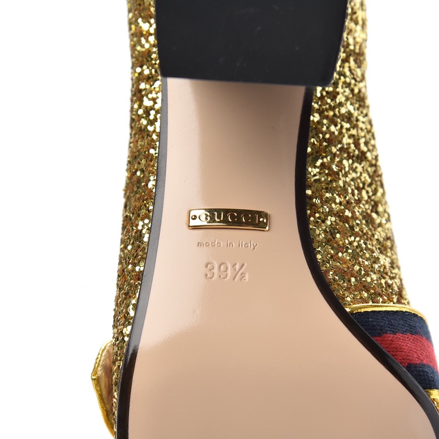 Gucci Glitter Nappa Web Peyton 75mm Loafer Pumps 39.5 Oro Vecchio 6 of 8