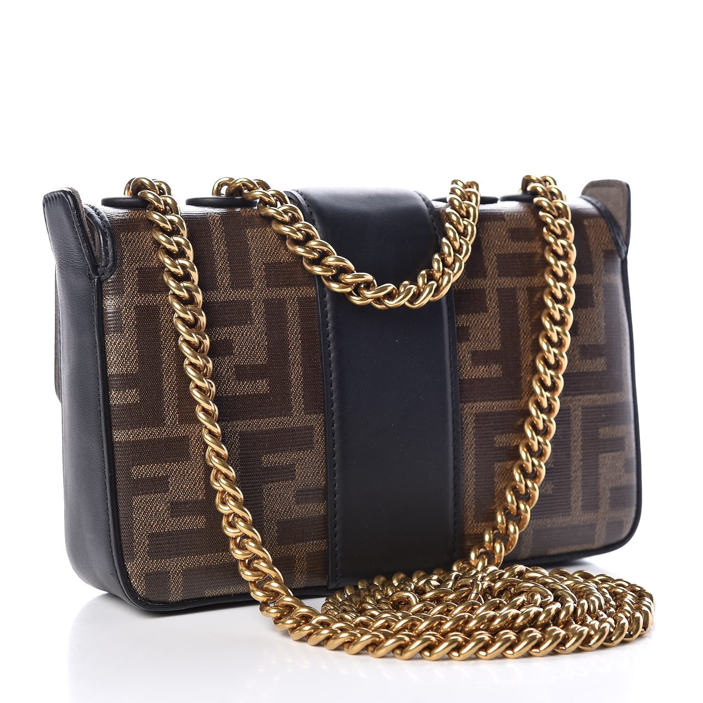 Glazed Fabric Vitello Century FF 1974 Stamp Patch Mini Double F Crossbody Bag Mogano Panna Black