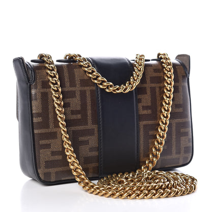 Fendi Glazed Fabric Vitello Century FF 1974 Stamp Patch Mini Double F Crossbody Bag Mogano Panna Black 3 of 9