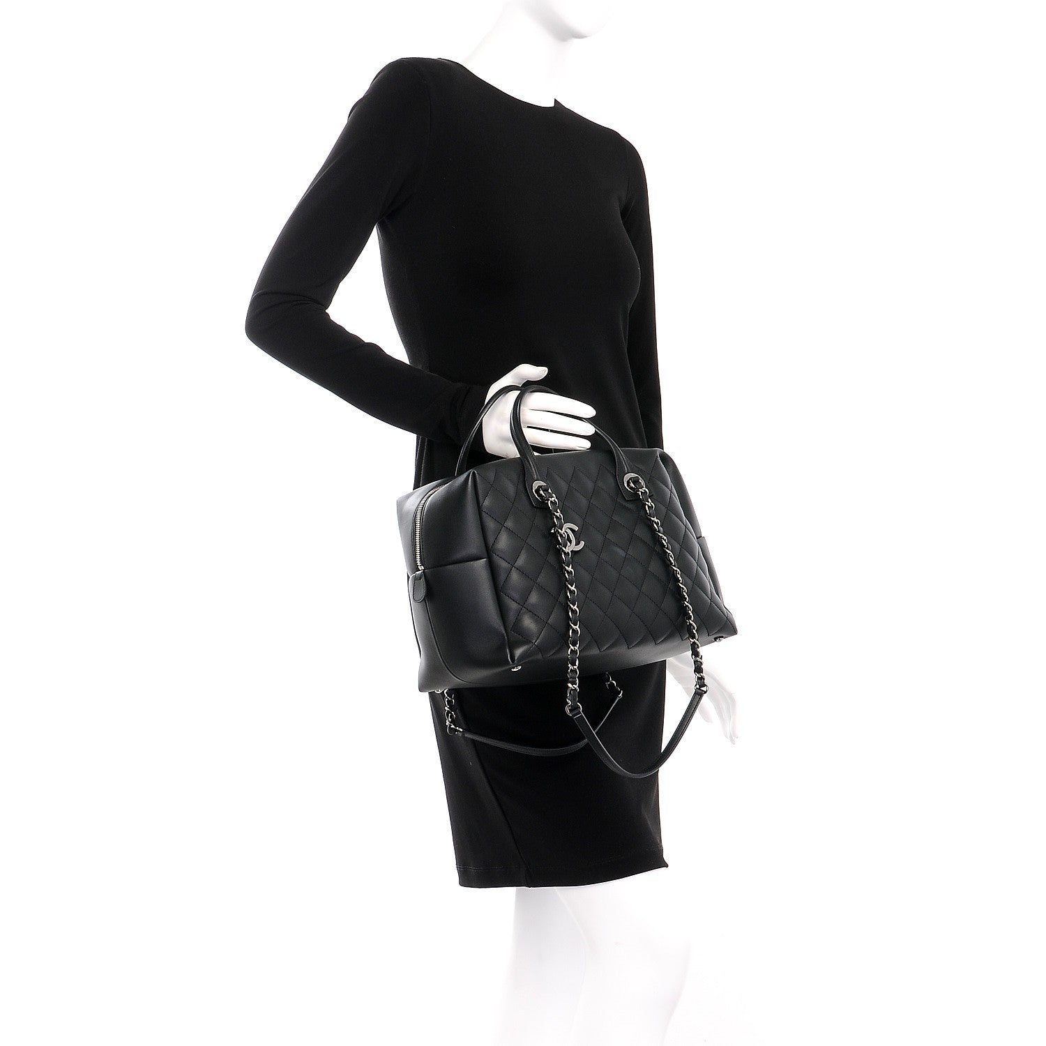 Chanel Calfskin Quilted Feather Weight Bowling Bag Black 2 of 15