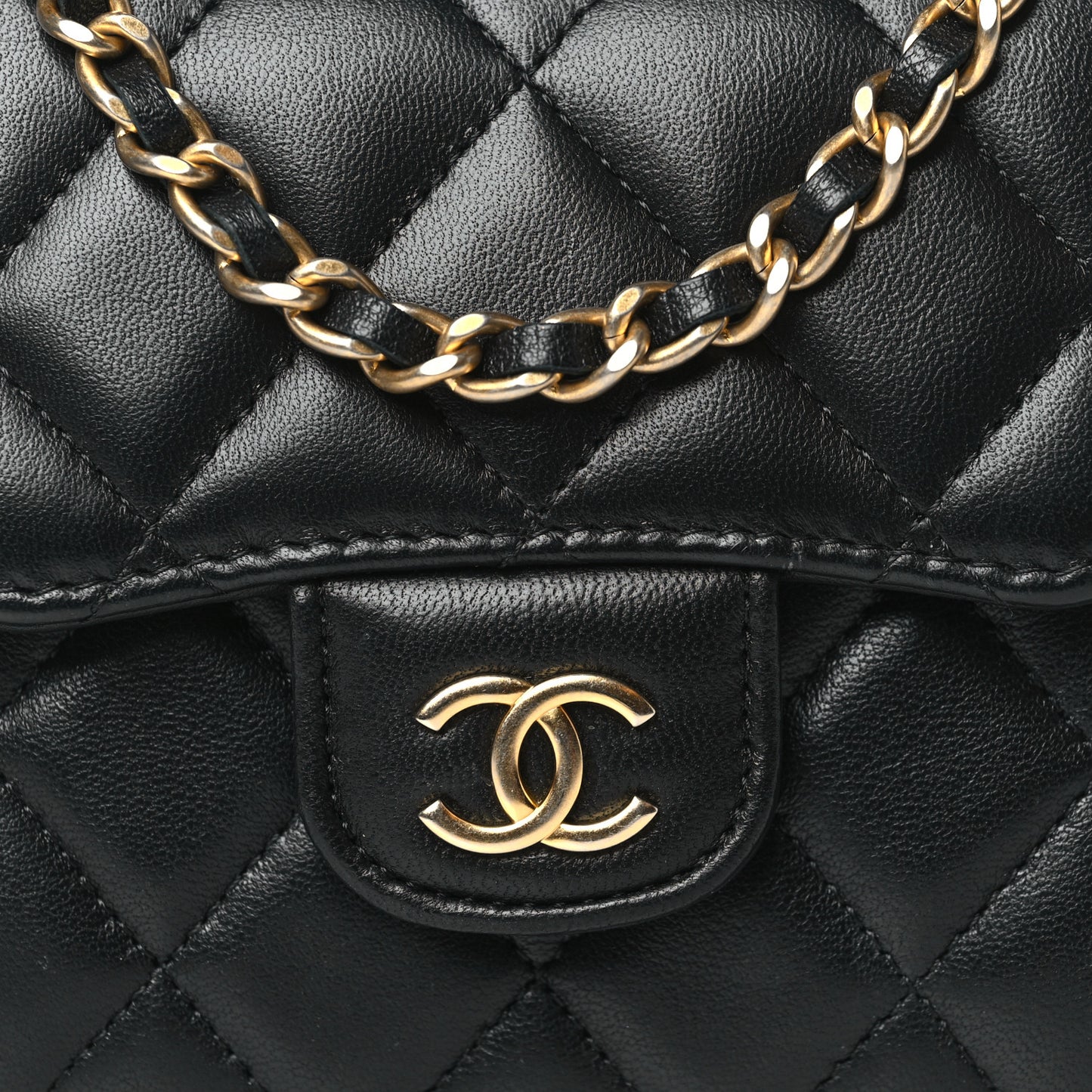 Lambskin Quilted Metal Top Handle Flap Clutch With Chain Black Black