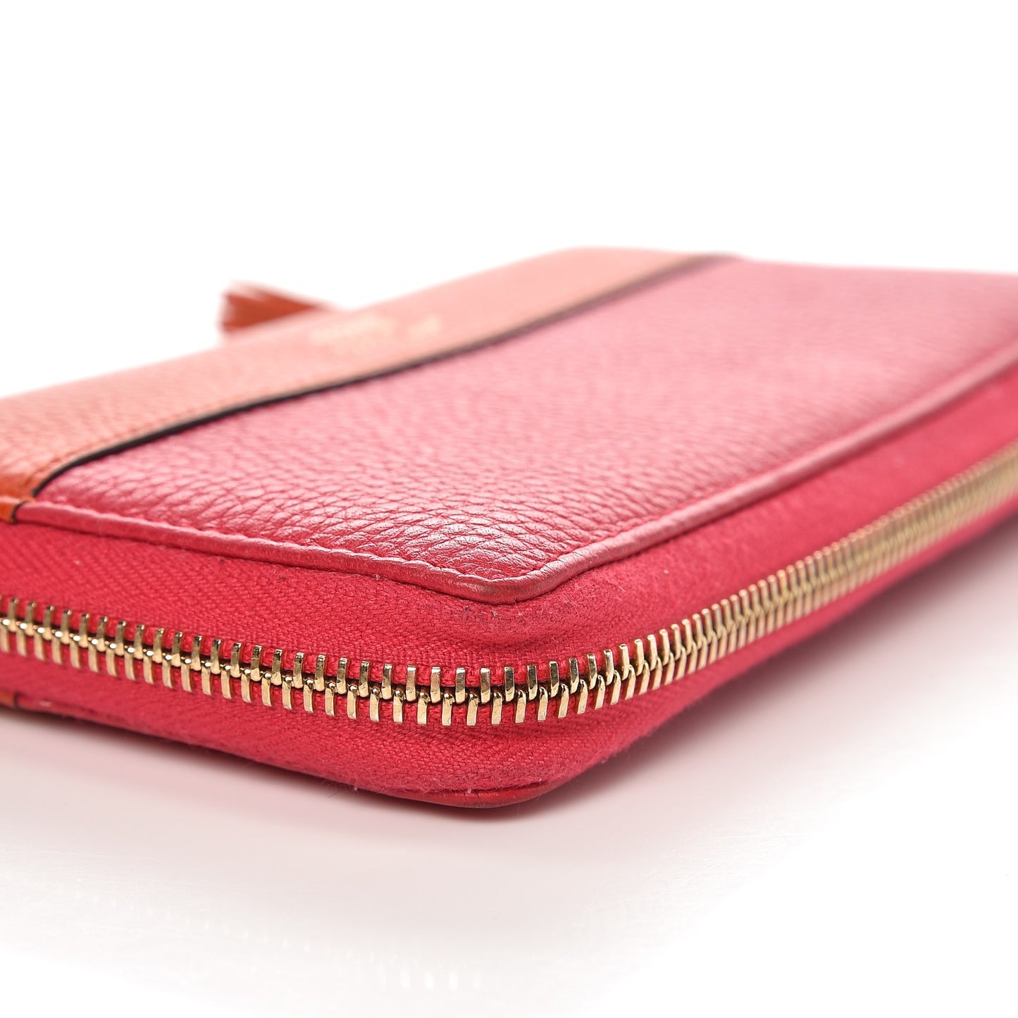 Pebbled Calfskin Bamboo Tassel Zip Around Wallet Pink Orange