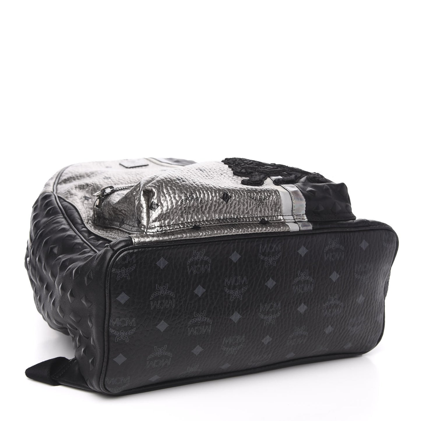 Metallic Visetos Calfskin Medium Studded Munich Lion Stark Backpack Silver Black